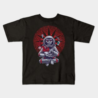 Monkey moon in space with red star background Kids T-Shirt